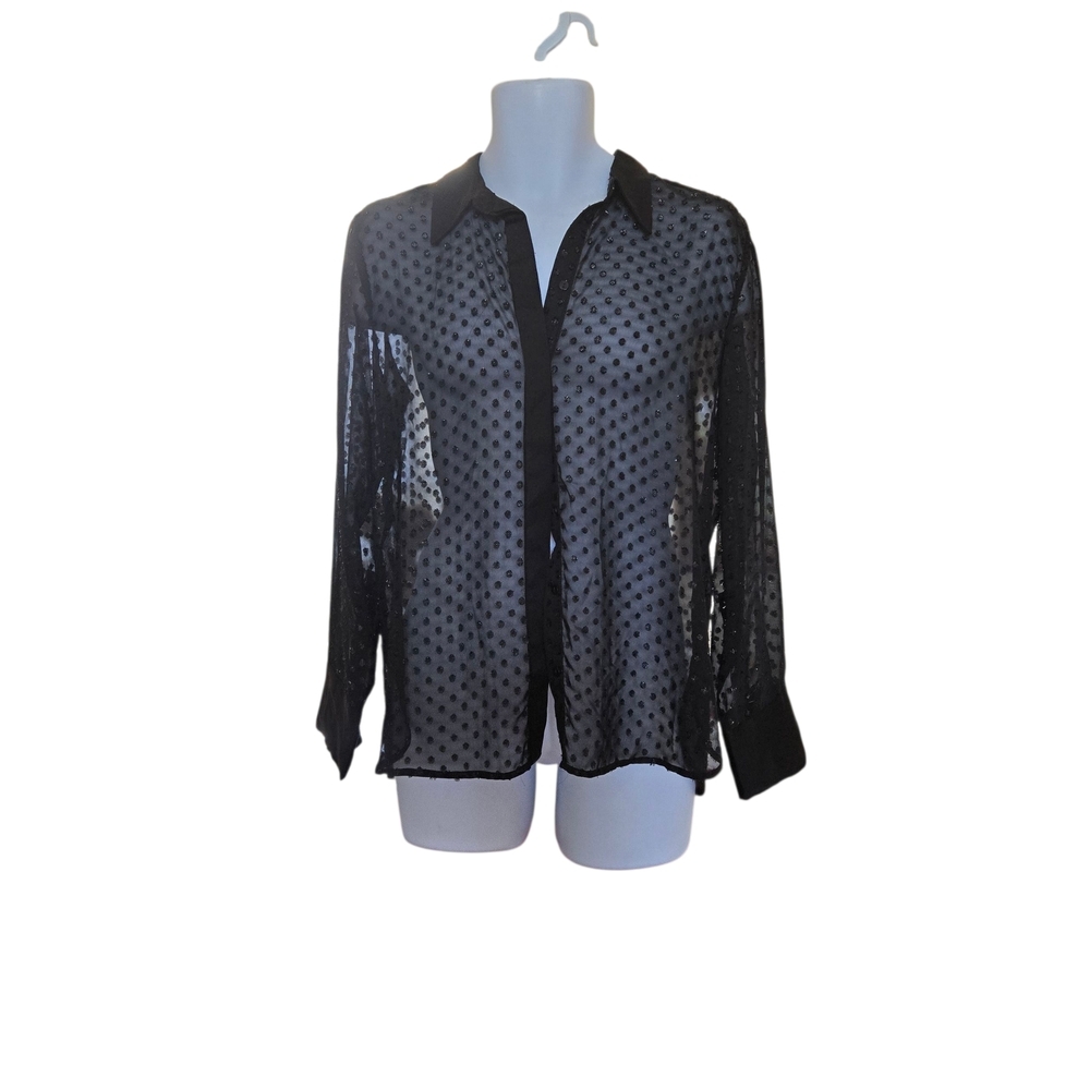 Sheer Black Polka Dot Button Up‎ Shirt Long Sleeve Collar